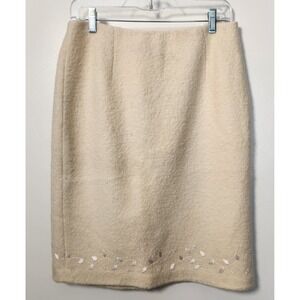 Vtg Sandra King 100% Wool Sz 8 Ivory Pencil Skirt Embroidered Lined Side Zip